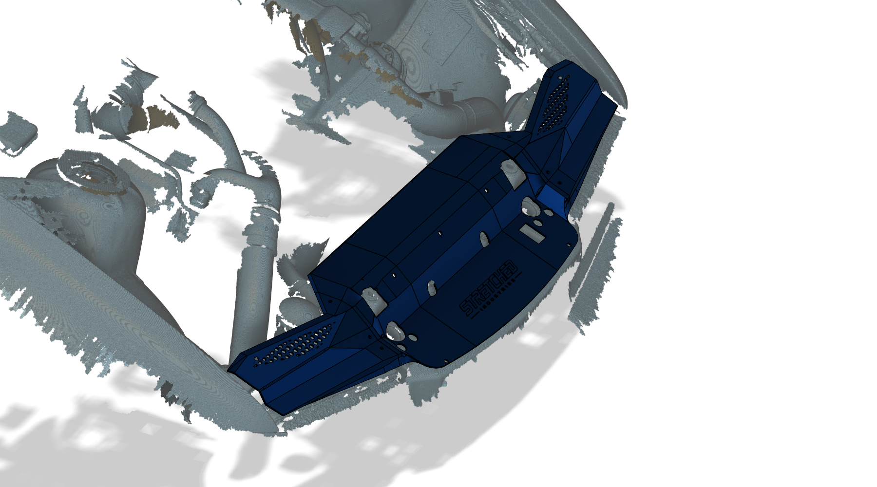 CAD view of the R5 OEM radiator support cover against the E36 engine-bay reference scan